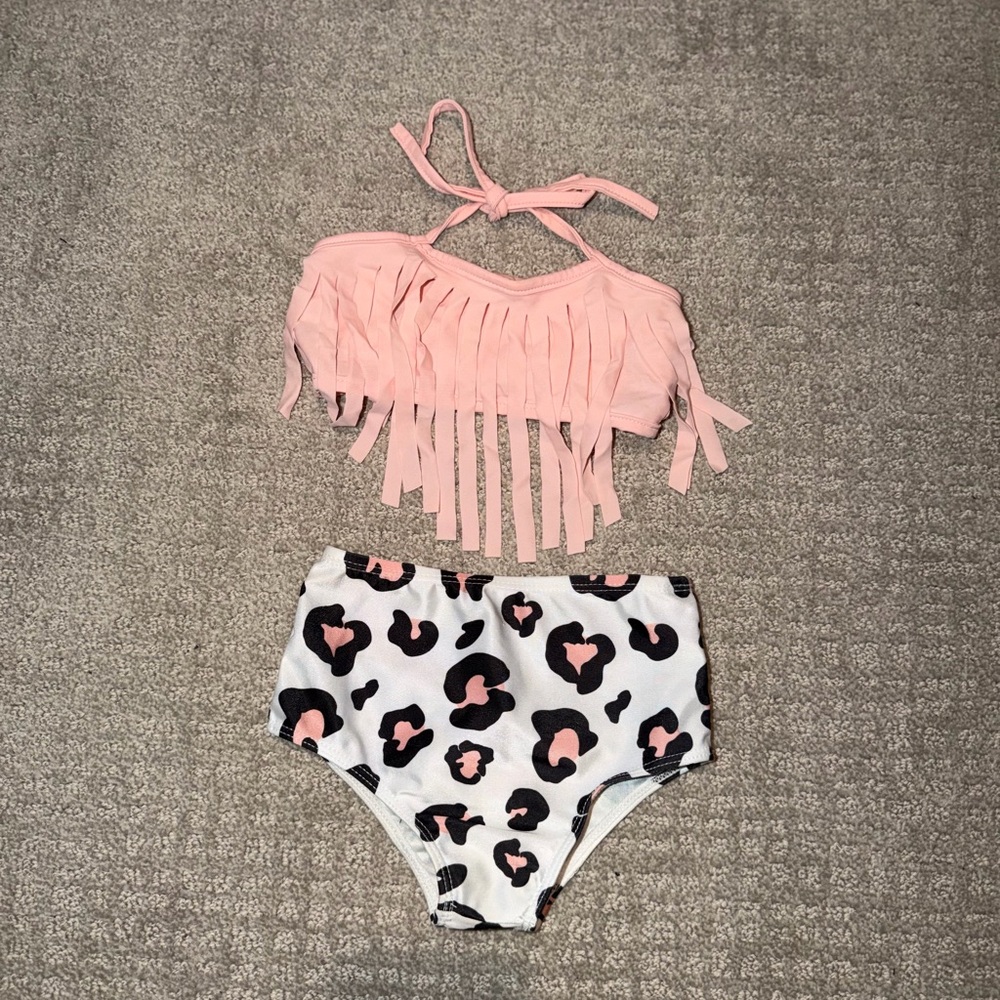 Pink Fringe Halter Bikini Top with High-Waist Leopard Print Bottoms